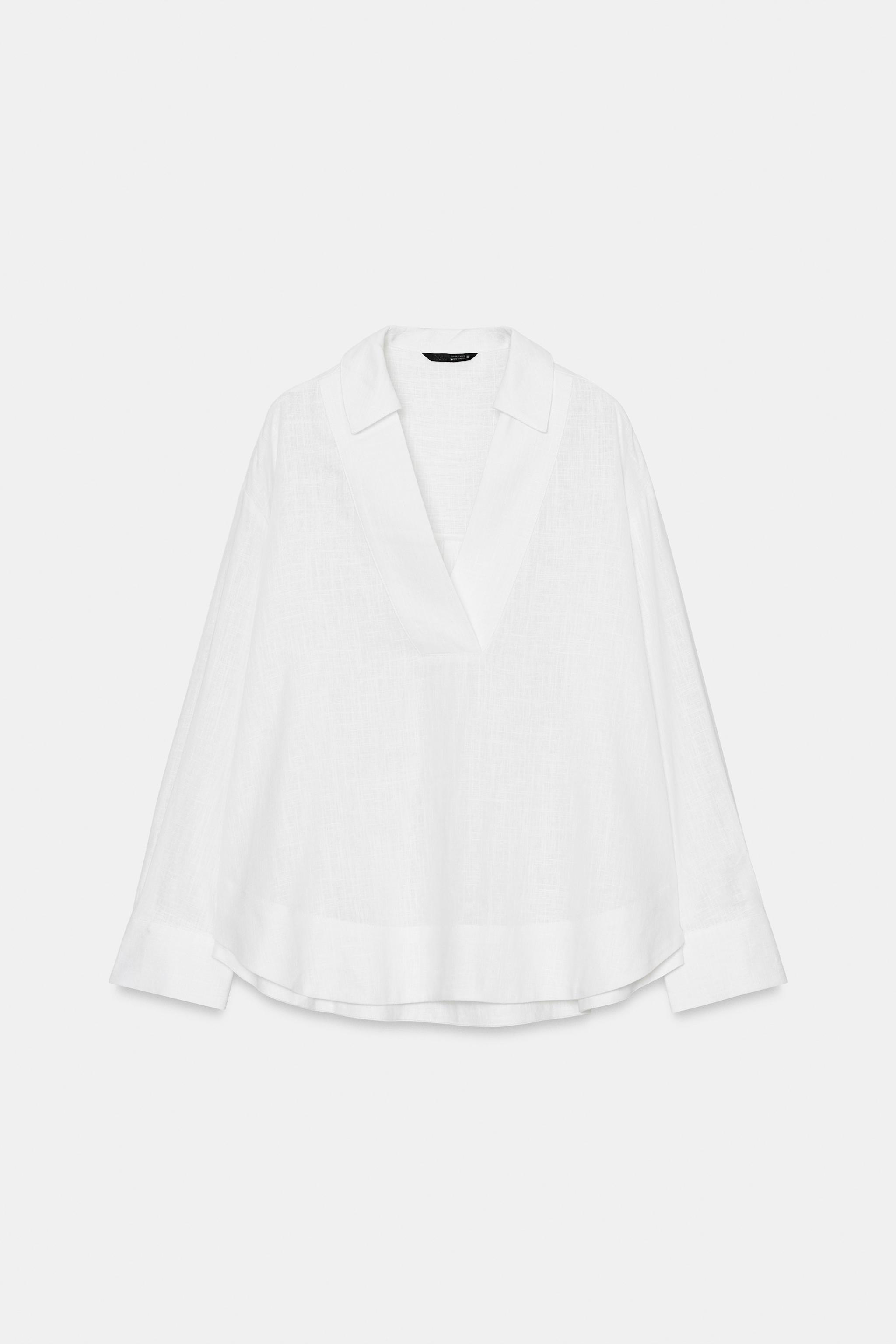 LINEN BLEND POLO COLLAR BLOUSE
